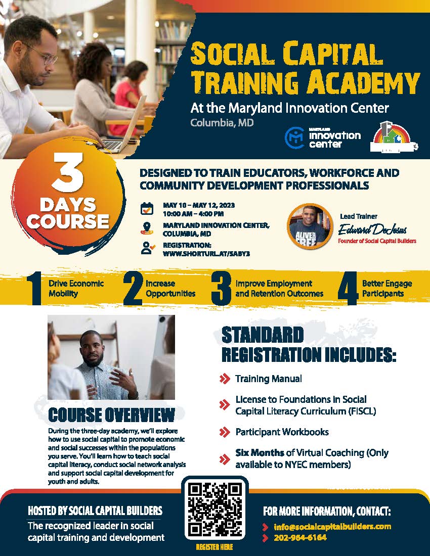 Get your team certified by the number one Social Capital training agency in the United States.  Social Capital Builders knows that it is not enough to measure what job seekers know; programs must be equally concerned about who they know. Register Here: socialcapitalbuilders.com/social-capital…