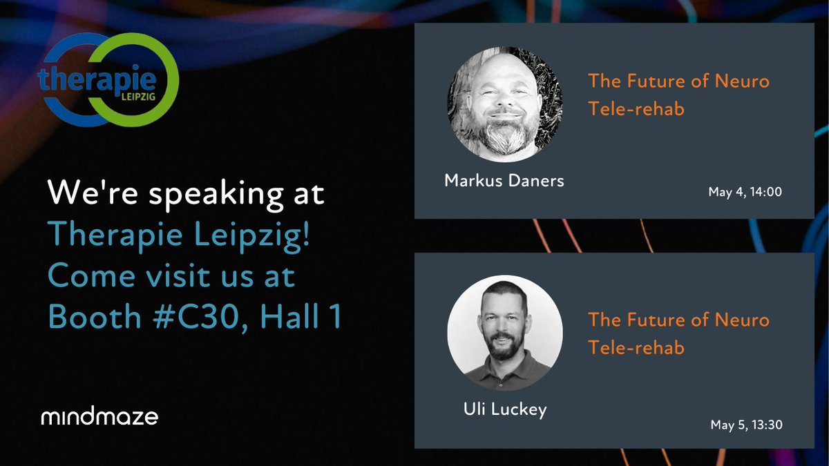 MindMazeTx's tweet image. We will be attending Therapie Leipzig 2023, and invite you to stop by our Booth #C30, Hall 1. We will be exhibiting our digital neurotherapeutic solutions, such as the MindMotion GO and Izar, as well as hosting two different panels - register here: bit.ly/3L5YAlb