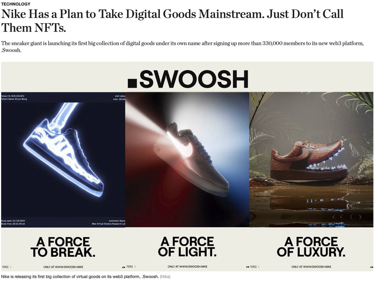 "Nike Has a Plan to Take Digital Goods Mainstream. Just Don’t Call Them NFTs." - <a href="/BoF/">The Business of Fashion</a> 

More than a jpeg 😈