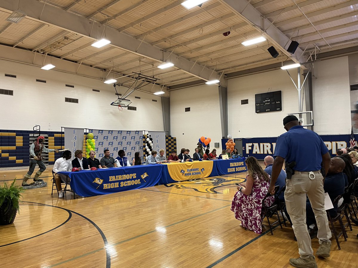 GCMSportsAL's tweet photo. Greetings from Fairhope where the Pirates have a big spring signing ceremony! 18 student-athletes are cementing commitments to college programs, stay tuned for more! https://t.co/GSsA5g5lGF