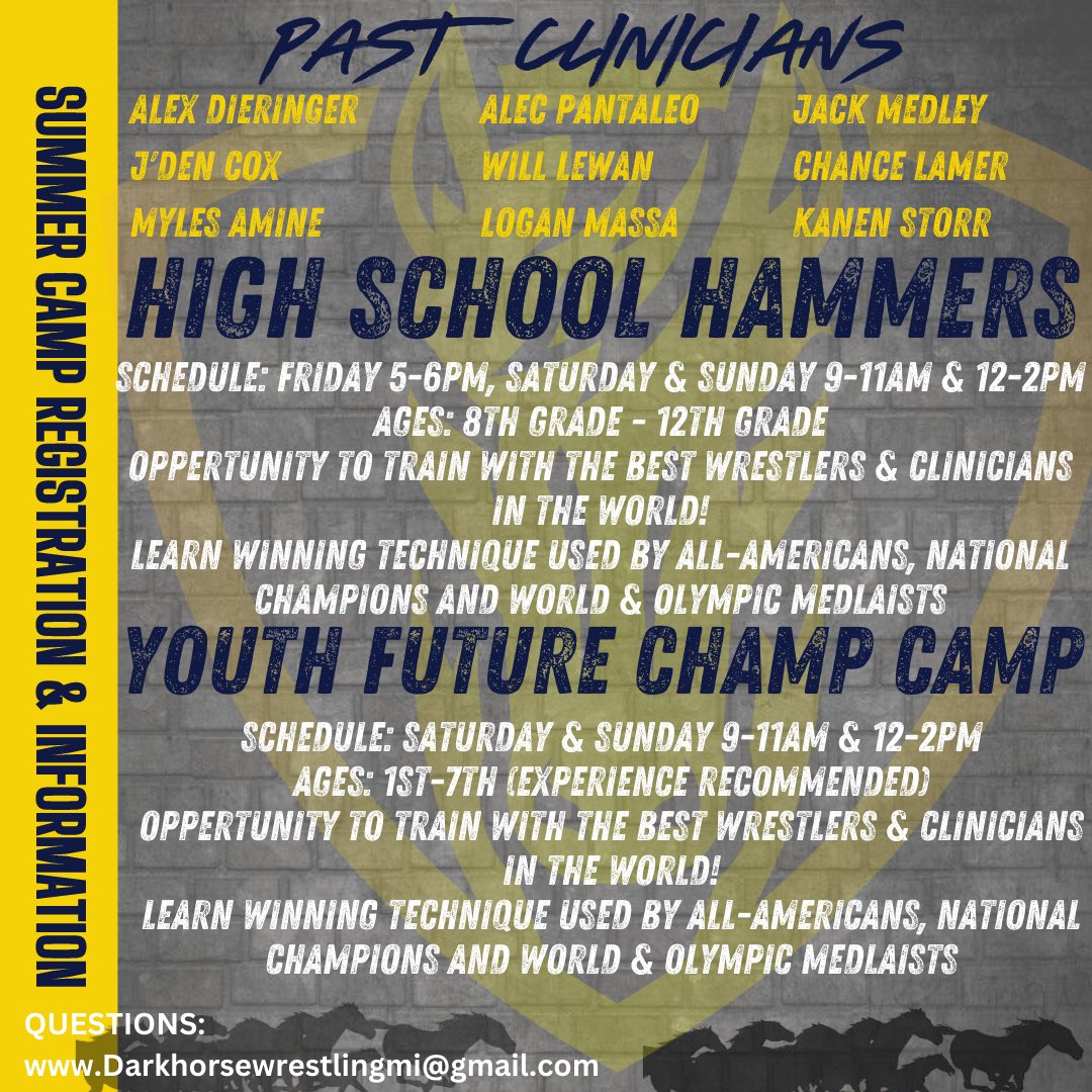 Registration is now open! Don’t miss your chance to train with the best! We will be releasing a new camp clinician each week as we lead up to camp. Last years camp sold out quick and each camp is Capped at 30.

Registration Link: form.jotform.com/231064666200144