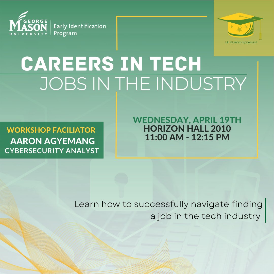 EIP Alumni, join us on April 19 in Horizon Hall, Room 2010​ from 11 am–12:15 pm. We are providing FREE FOOD and a workshop on Careers in Tech. Learn how to successfully navigate finding a job in the tech industry. You can bring friends and other guests! See you there!