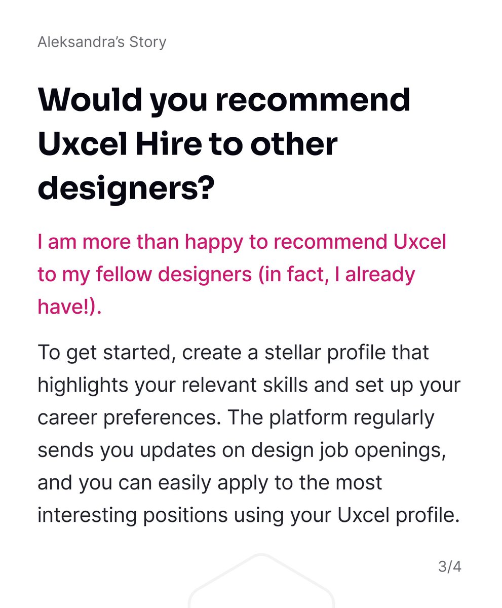 uxcelapp's tweet photo. New Designer Story is ready 💥
Discover how to become a product designer with the help of Uxcel Hire✨
🖇Learn how she landed her dream job after being matched with the perfect opportunity in just one interview.
👉https://t.co/bQlqn2JG11
#uiuxdesigner #uidesigncommunity #uxui https://t.co/tJle2NBesI