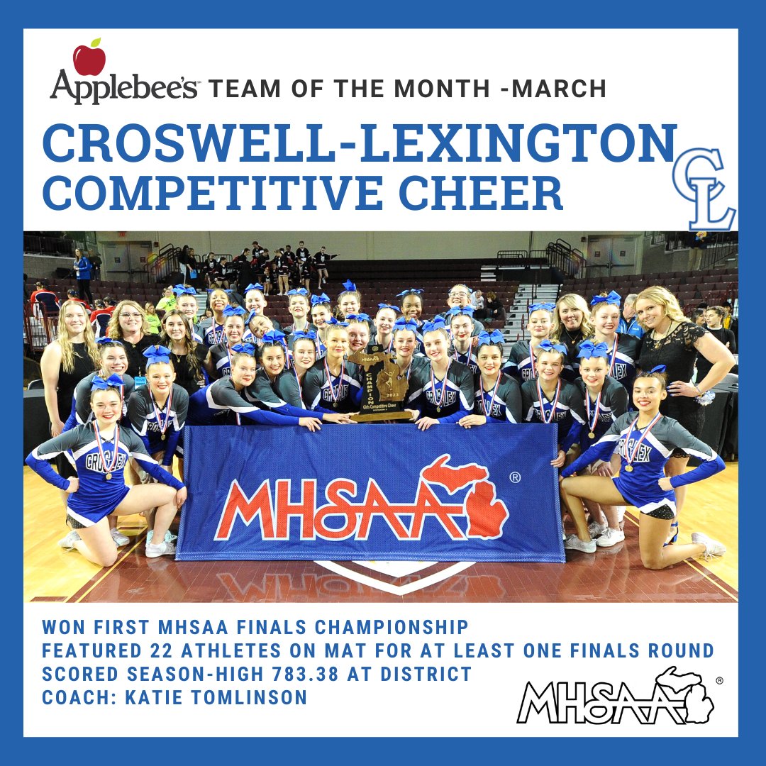 📣Teams of the Month: Croswell-Lexington Competitive Cheer⁣ &gt;&gt; ow.ly/tJli50NKUes <a href="/Applebees/">Applebee's Grill + Bar</a> 
#teamofthemonth #competitivecheer #cheer #champions #croslex #pioneers #MHSAA⁣