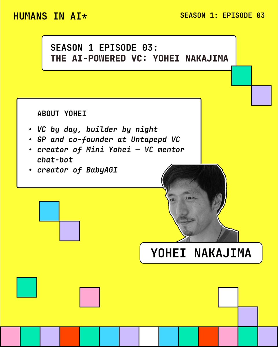 Not A Bot (@notabotdaily) on Twitter photo 👾 In episode 3 of Humans in AI, <a href="/haroonchoudery/">Haroon Choudery</a> had the pleasure of interviewing <a href="/yoheinakajima/">Yohei</a>, VC + founder of <a href="/UntappedVC/">Untapped Capital</a> and creator of babyAGI!
🤖 Listen to the full episode here: podpage.com/humans-in-ai/t… 👾 In episode 3 of Humans in AI, <a href="/haroonchoudery/">Haroon Choudery</a> had the pleasure of interviewing <a href="/yoheinakajima/">Yohei</a>, VC + founder of <a href="/UntappedVC/">Untapped Capital</a> and creator of babyAGI!
🤖 Listen to the full episode here: podpage.com/humans-in-ai/t…
