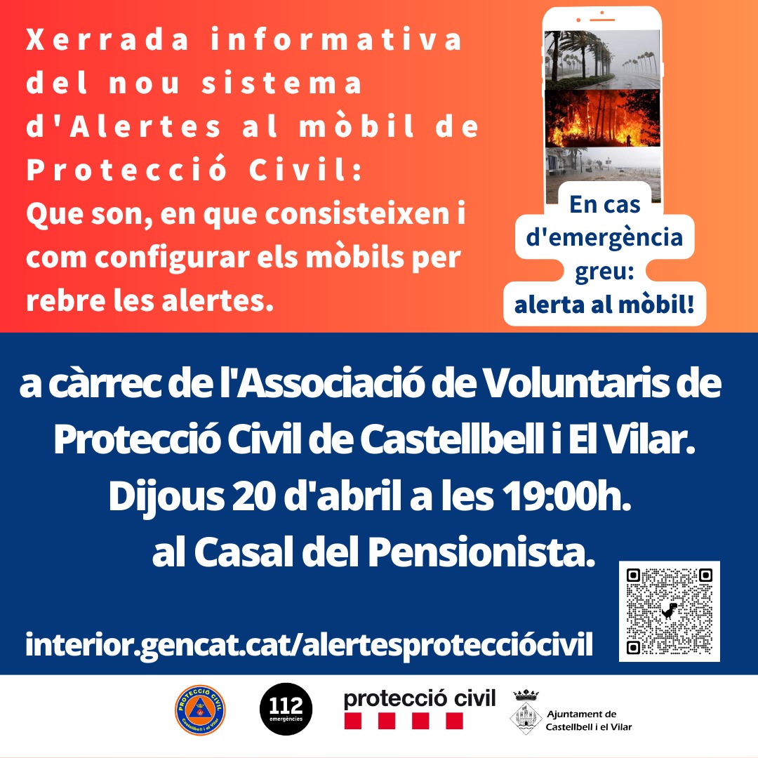 Dijous 20 d'abril a les 19h.
ℹ️ xerrada informativa del nou sistema d'alertes #protecciocivil al #mòbil ⚠️🚨📲
a #Castellbellielvilar #Bages
<a href="/AjCastellbell/">Aj. Castellbell</a> 
<a href="/emergenciescat/">Protecció civil</a> <a href="/112/">112</a> 
<a href="/consellbages/">Consell Comarcal del Bages</a>
<a href="/delcatcentral/">Compte no operatiu</a>