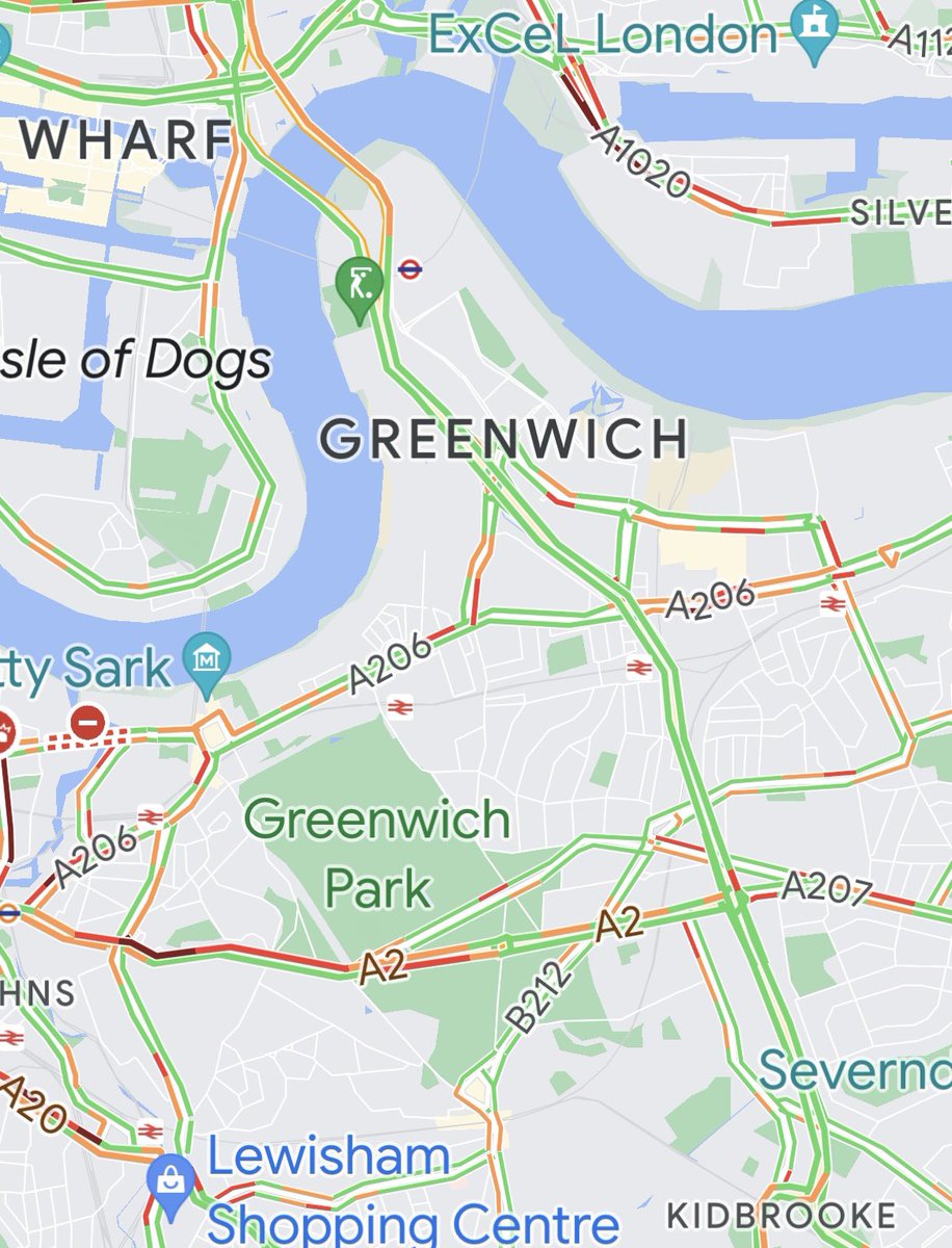Amazing to see Blackwall Tunnel, surrounding roads &amp; Greenwich Town Centre relatively clear at this time of day.  Creek Rd closed in a single direction for many more weeks.  Some kids off school for another week.
🚦This is what reduced traffic overall looks and feels like.