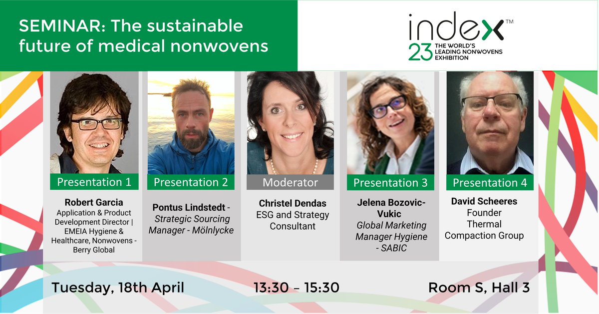 ▶ Today at #INDEX23! Seminar: The sustainable future of medical nonwovens
Tuesday, 18th April, 13:30 – 15:30
Room S, Hall 3 

Please register and join us at INDEX™23! lnkd.in/eyHz3qaR

#INDEXnonwovens #nonwovens #Innovation #sustainability #medicalnonwoven