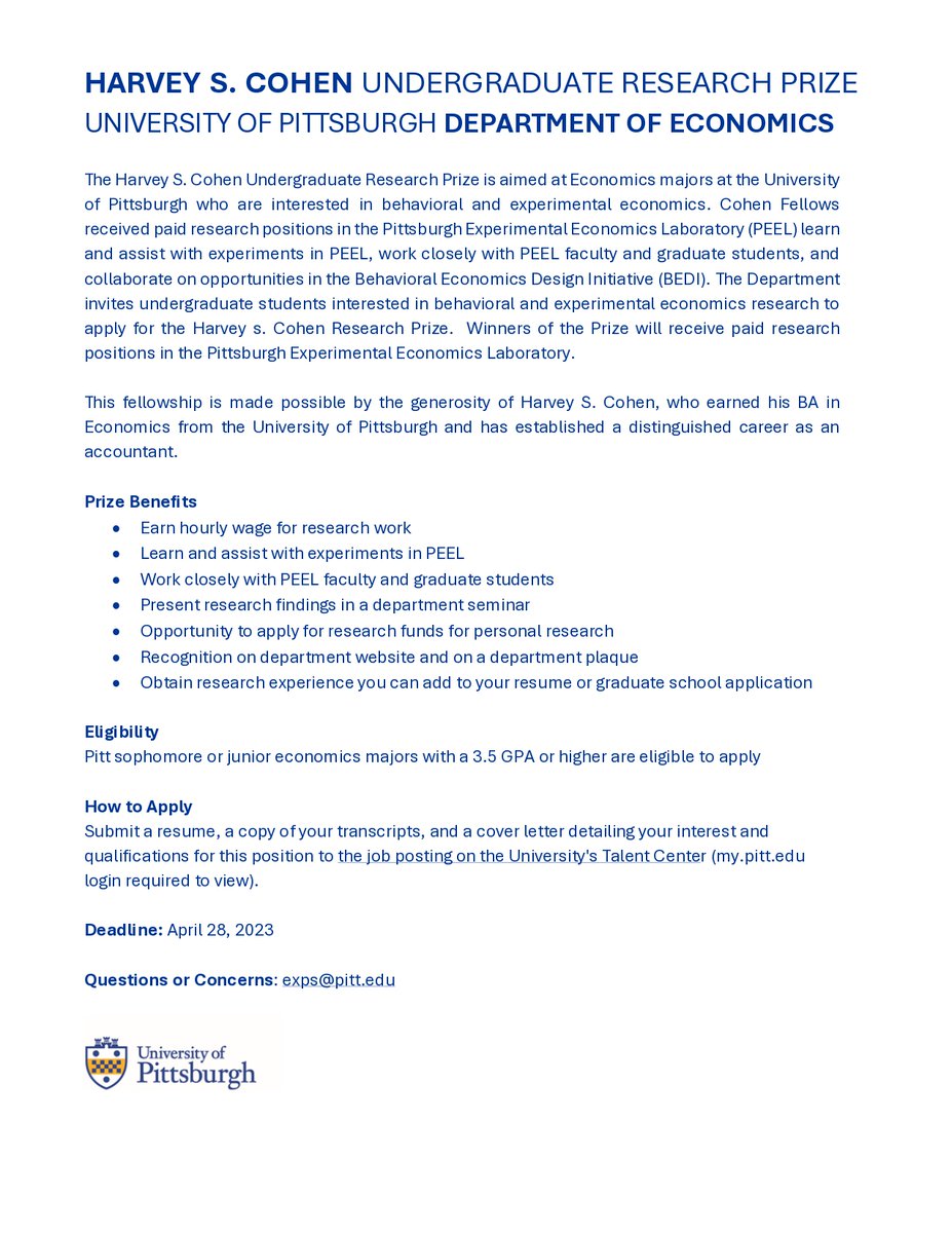 BEDI (@bedi_econdesign) on Twitter photo The Department of Economics at <a href="/PittTweet/">University of Pittsburgh</a> is accepting applications for the Harvey S. Cohen Undergraduate Research Prize through April 28. A great opportunity for Econ undergrads to gain (paid) experience in the <a href="/PittEconLab/">Pittsburgh Experimental Economics Lab (PEEL)</a> Learn more: econ.pitt.edu/research/harve… The Department of Economics at <a href="/PittTweet/">University of Pittsburgh</a> is accepting applications for the Harvey S. Cohen Undergraduate Research Prize through April 28. A great opportunity for Econ undergrads to gain (paid) experience in the <a href="/PittEconLab/">Pittsburgh Experimental Economics Lab (PEEL)</a> Learn more: econ.pitt.edu/research/harve…