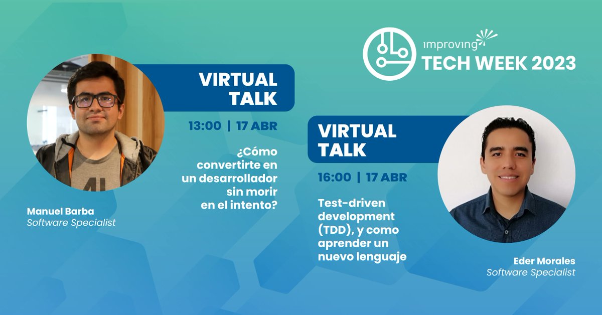 ImprovingMx's tweet image. ¡En tan sólo unas horas podrás unirte a nuestras charlas virtuales de #TechWeek2023!

Únete aquí: 

¿Cómo convertirte en un desarrollador sin morir en el intento?: buff.ly/41dEcVa

Test-driven development (TDD), y como aprender un nuevo lenguaje: bit.ly/3L3MgC