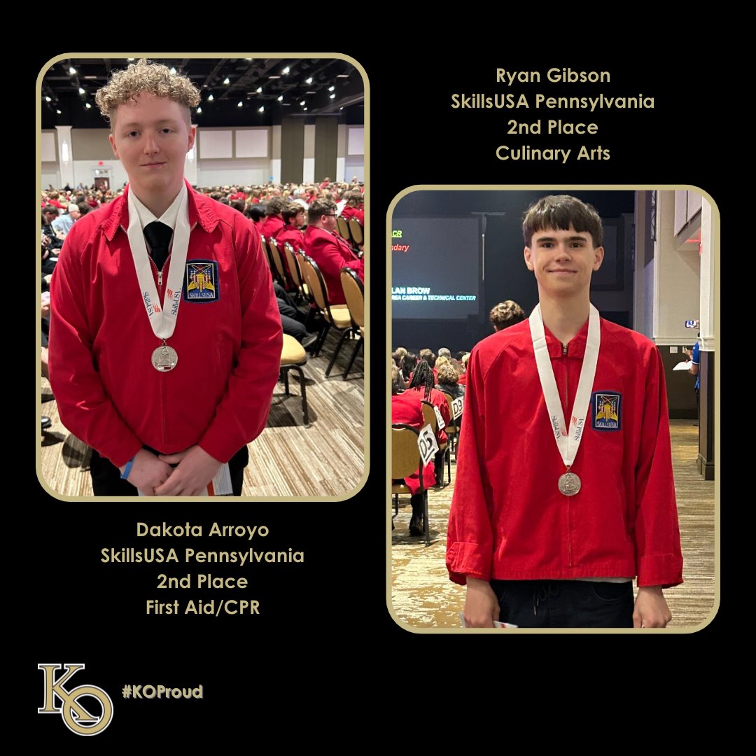 Keystone Oaks SD (@kogoldeneagles) on Twitter photo Last week, KOHS & <a href="/ParkwayWestCTC/">Parkway West CTC</a> seniors Dakota Arroya and Ryan Gibson both earned 2nd place in the First Aid/CPR and Culinary Arts events during the <a href="/SkillsUSA_PA/">SkillsUSA PA</a> State Competition! ๐๐ฅ๐ฅ๐จโ๐ณ๐
Congratulations! #KOProud <a href="/KOHS_Linnert/">Mike Linnert, Ed.D.</a> Last week, KOHS & <a href="/ParkwayWestCTC/">Parkway West CTC</a> seniors Dakota Arroya and Ryan Gibson both earned 2nd place in the First Aid/CPR and Culinary Arts events during the <a href="/SkillsUSA_PA/">SkillsUSA PA</a> State Competition! ๐๐ฅ๐ฅ๐จโ๐ณ๐
Congratulations! #KOProud <a href="/KOHS_Linnert/">Mike Linnert, Ed.D.</a>