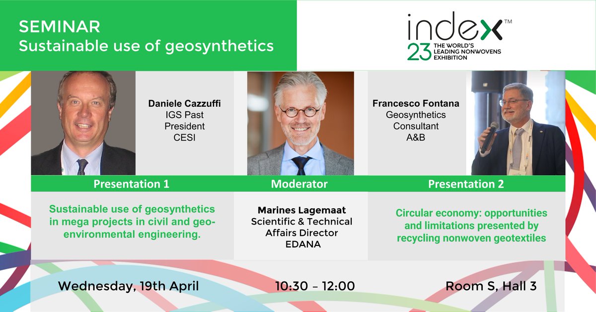 Today at INDEX23! Seminar: Sustainable use of #geosynthetics:

🗓️ 19 April, 10:30
Room S, Hall 3

Programme: tinyurl.com/er38m8yw

#INDEX23 #INDEXnonwovens #INDEX23 #Sustainable #nonwovens