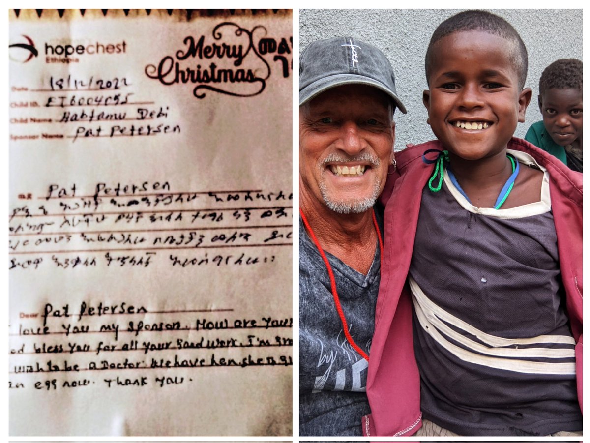PiraticalPat's tweet photo. Yay! Finally!- Xmas letter from my sponsor child Habtamu in Shashamene, Ethiopia. "I love you my sponsor. How are you? May God bless you. Thank you for your hard work. I am in grade 4 now. I wish to be a doctor. We have hen she gives us an egg now. Thank you"
#childrenshopechest https://t.co/ymO8KH2BMo