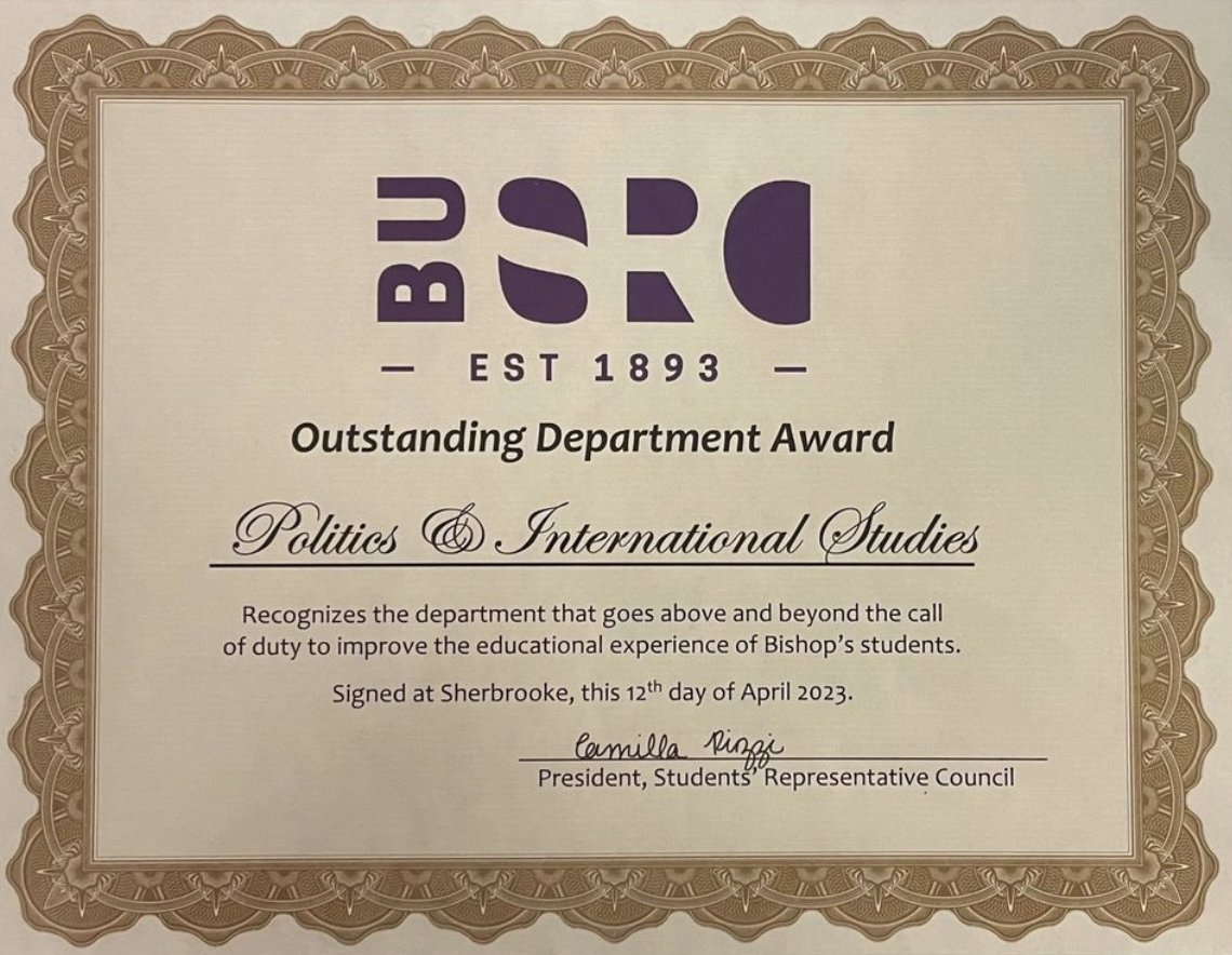 BUPolInt's tweet photo. A big congrats to our hardworking faculty, students &amp; staff on winning the Outstanding Department Award last week from the Students' Representative Council! The award recognizes efforts "above &amp; beyond the call of duty to improve the educational experience of Bishop's students". https://t.co/tzJwHBjRn4