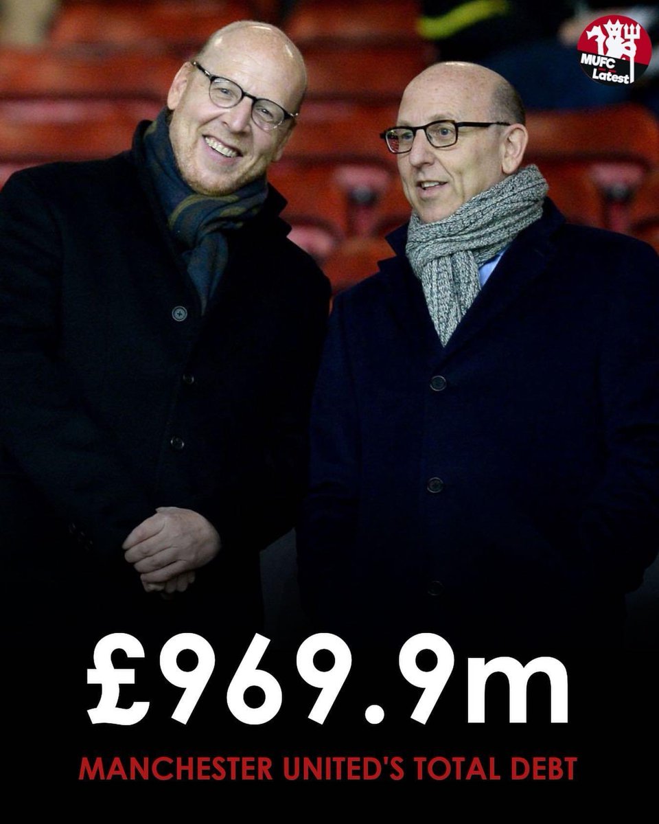 Glazerspissoff's tweet photo. Manchester United’s currently owe £969.6m through a combination of gross debt, bank borrowings and outstanding transfer fees 

A reminder that United were debt free before the Glazers took over in 2005 🤦🏻‍♂️
Enough is enough #GlazersOut 🔰 https://t.co/f2t9yvkxZa