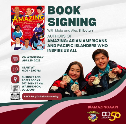 jacl_DCchapter's tweet photo. Join us on Wed. April 19, 6-8PM @busboysandpoets, Maia and Alex Shibutani, the "Shib Sibs" @ShibSibs, will be giving a talk & book-signing of "Amazing: Asian Americans and Pacific Islanders who inspire us all"
RSVP link: https://t.co/RbxoNLKnTY
#AmazingAAPI @OCANational https://t.co/SVXoeMZuDg