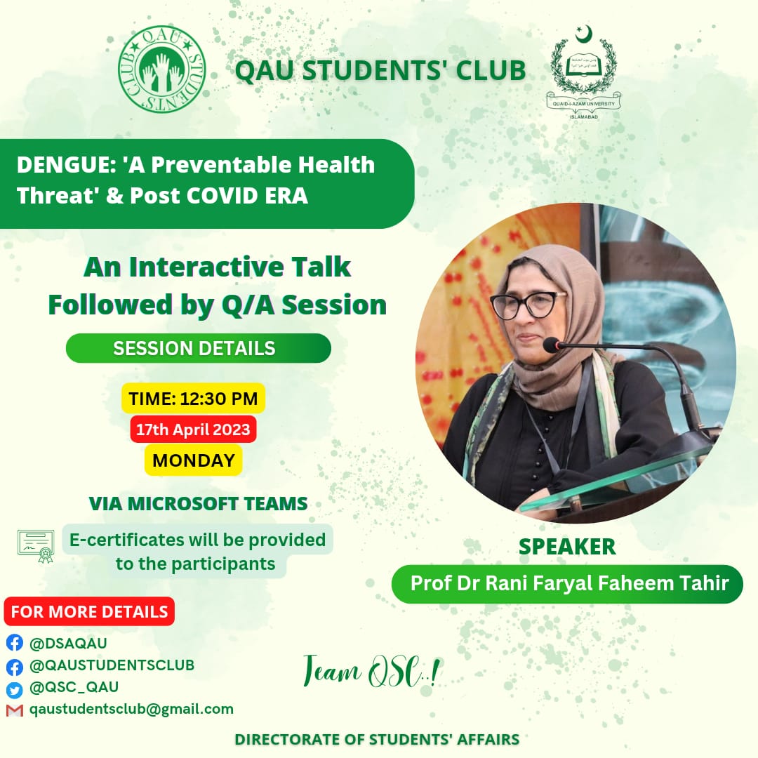 QSC_QAU's tweet photo. Missed our online awareness session on "Dengue: A Preventable Health Threat &amp; Post-COVID Era"? 

No problem! We've got you covered. 

Watch now and stay tuned for more exciting events coming soon!

https://t.co/tzT13eHfts https://t.co/Jnmlw2GpcF