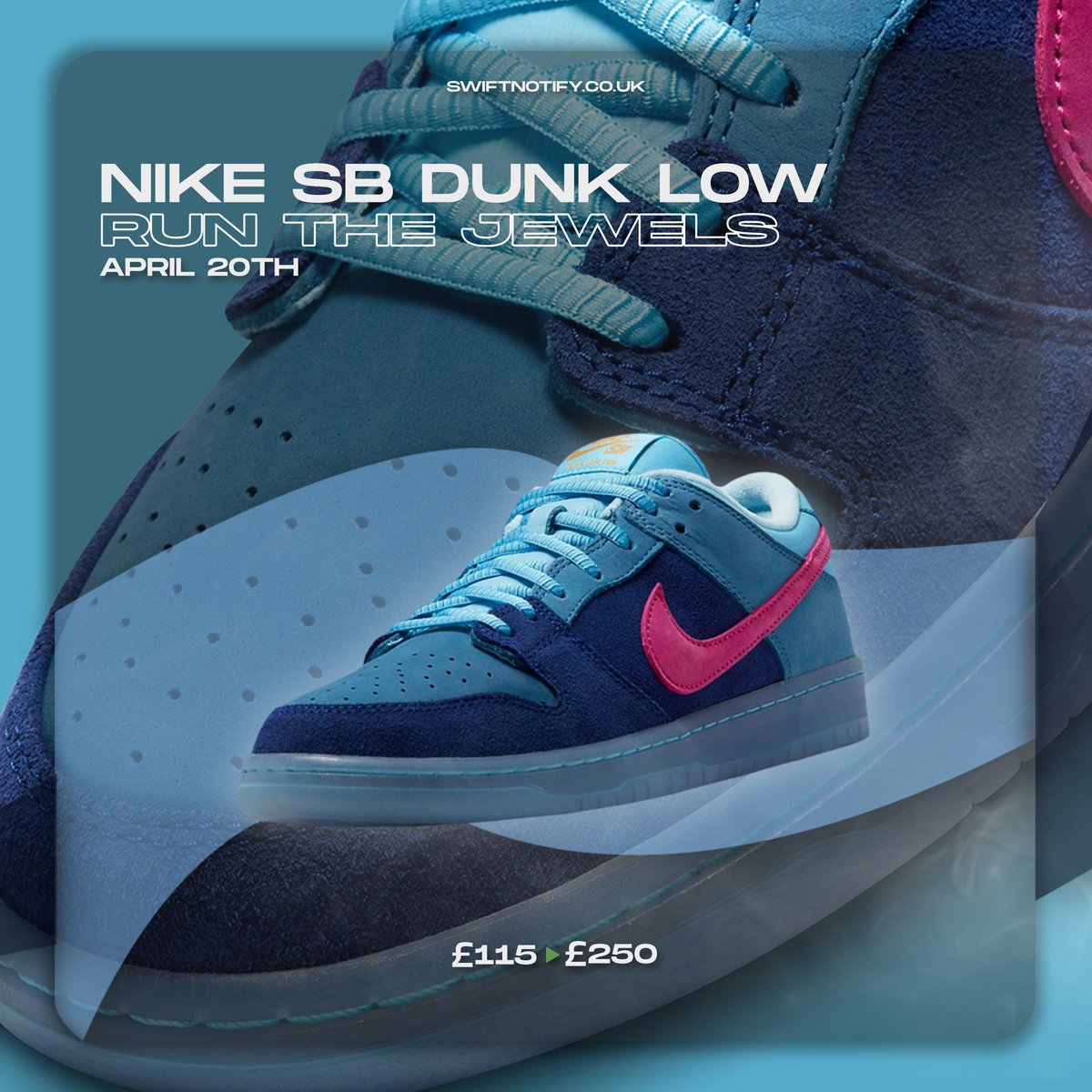 🗓 | Release Date 20th April 2023

👟 | Nike SB Dunk Low Run The Jewels

💰 | Retail:£115
💸 | Resell:£250

🏆 | We’re more than prepared for this release, SwiftNotify members are about to take the stock.

🔗 | Join Today SwiftNotify.co.uk
⏰ | Spaces Now Open!