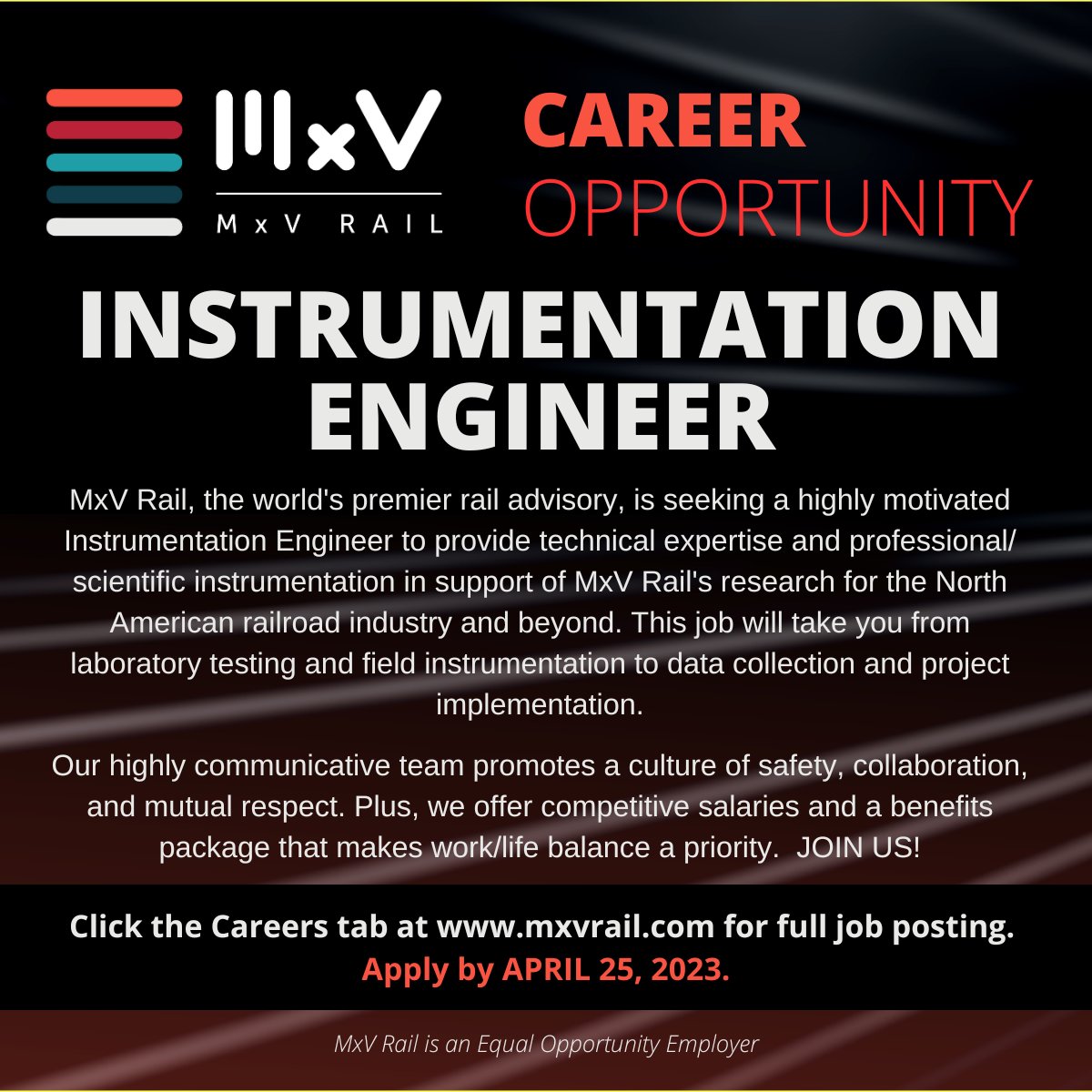 Join our team and apply today! We’re seeking a dynamic and motivated Instrumentation Engineer to join our <a href="/WeAreMxVRail/">MxV Rail</a> team. #hiringnow #wearemxvrail #careeropportunities ow.ly/GMrI50LksPm