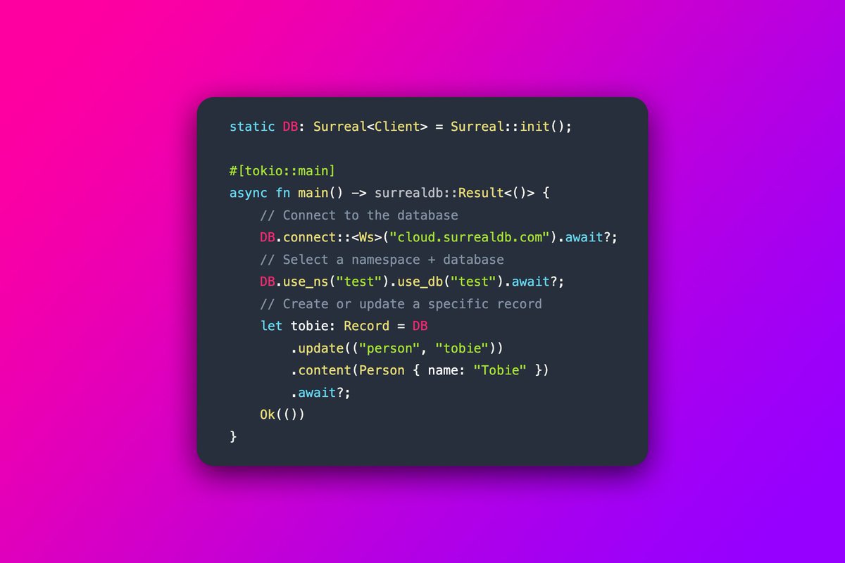 SurrealDB's tweet image. SurrealDB now has a native Rust API for connecting to local database instances, and remote database servers over both HTTP and WebSockets with a binary protocol and a custom serialization format.
surrealdb.com/releases
#database #rust #serialization #servers #WebSockets
