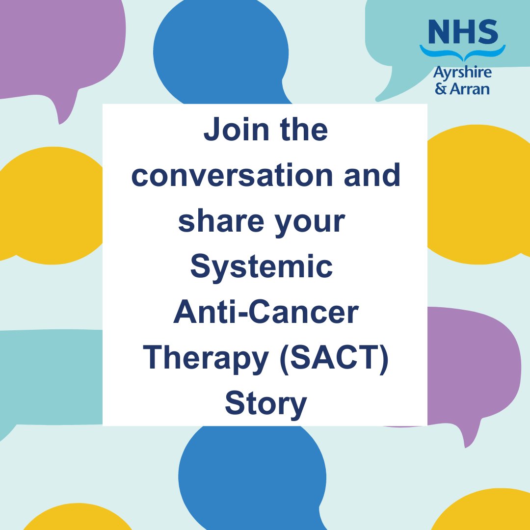 Did you know there's a new way to get involved in our public consultation? You can share your Systemic Anti-Cancer Therapy (SACT) story by visiting jointheconversation-nhsaaa.co.uk/hub-page/sact-… and clicking share your story. @NAHSCP @sahscp @eahscp @VASouthAyrshire @CVOEastAyrshire @AyrshireHospice