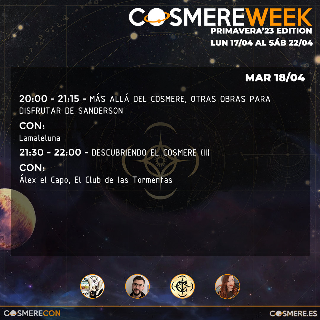 Cosmere_es's tweet photo. Debido a un tema de último minuto, hemos cambiado el orden de la charla con @EvilAFM @stormlightclub y @nymespren para mañana a las 21.30h.

Os esperamos a las 19:30h para inaugurar la #CosmereWeek en https://t.co/ytqCFJIC35 https://t.co/KZKYGTOiFP