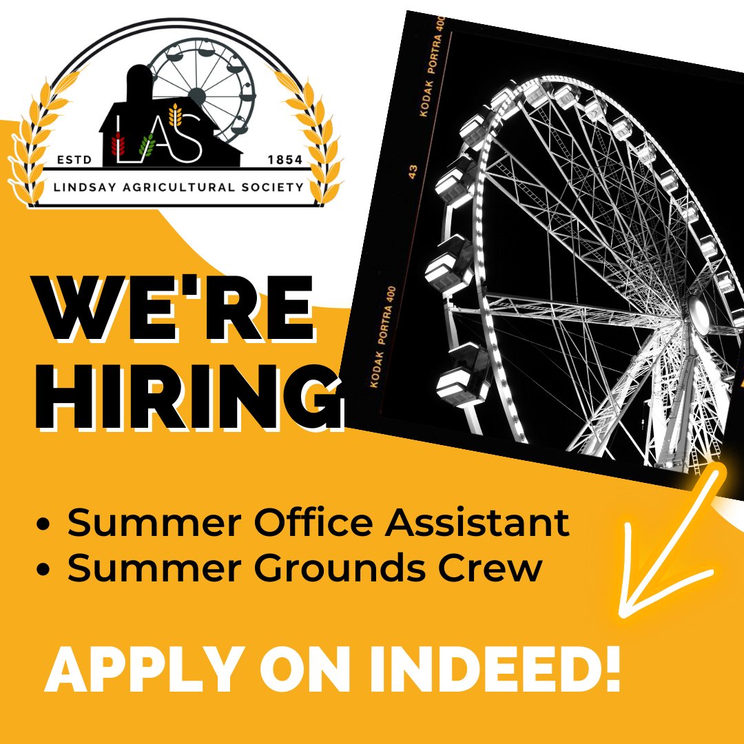 📣We're hiring!
🔸 Summer Office Assistant
🔸Summer Grounds Crew

🔗Apply online through Indeed by searching Lindsay Agricultural Society by April 30th

#LindsayEx #LindsayExhibition #SummerStudent #SummerJobs #CanadaSummerJobs #LindsayOntario #KawarthaLakes
