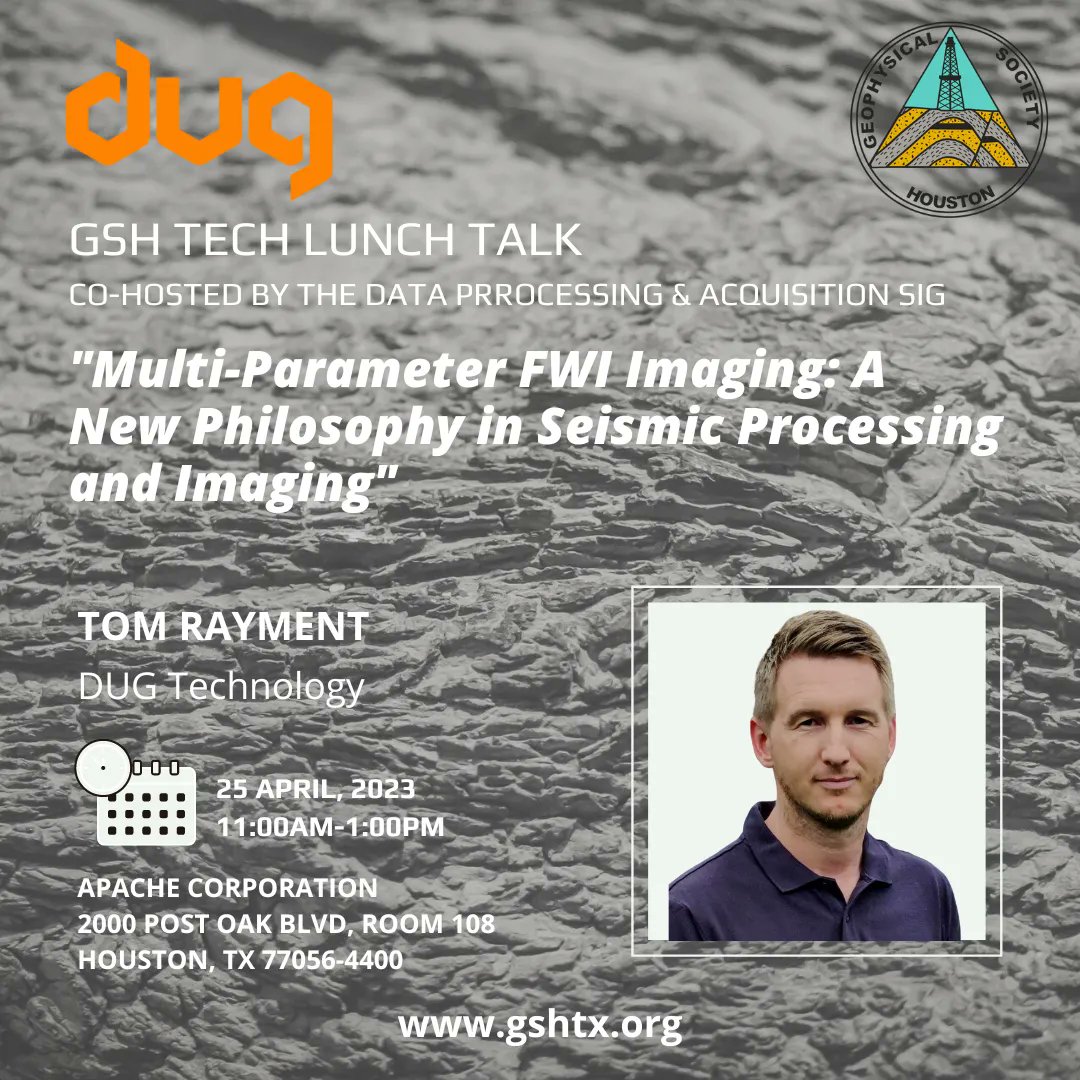 Our April Tech Lunch event will take place next week and our speaker is Tom Rayment with DUG. Hope to see you there!!

buff.ly/40rBJ8H 

Thank you to DUG for sponsoring this event!
#gsh #geophysics #geosciences
