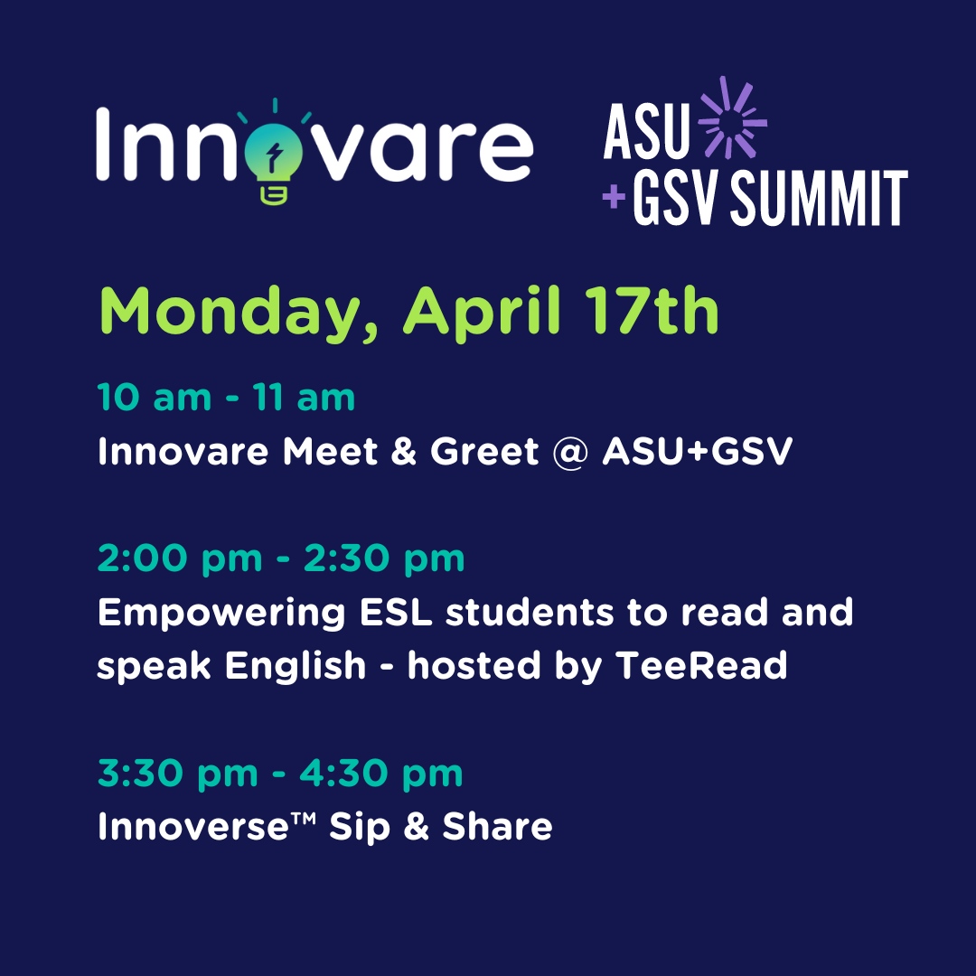 The ASU+GSV Summit starts today, with Innovare as a proud sponsor! Seize this opportunity to network with fellow changemakers. Access our live schedule HERE bit.ly/41dOyV2. #ASUGSV2023 #InnovareAtASUGSV #ChangemakersInEducation
