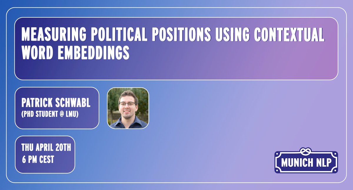 🗓️ Already coming up this Thursday at 6pm: 

@patrickschwabl will talk about how advances in NLP made it possible to replace previously hand-coded analyses of political positions, e.g. from speeches or party manifestos.

👉 Join here: discord.gg/WxgrYmQJ?event…