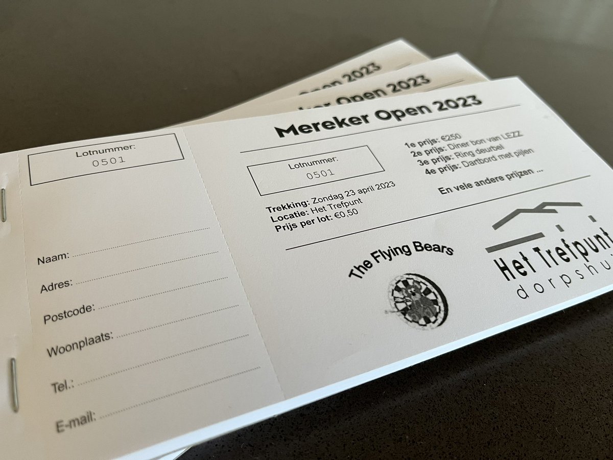 FlyingBearsDart's tweet photo. Tijdens de Mereker Open is er ook weer een loterij met geweldige prijzen, beschikbaar gesteld door lokale en regionale ondernemers (waarvoor veel dank!). Ze zijn verkrijgbaar bij onze leden (€ 0,50 per stuk), ook op 23 april zijn ze verkrijgbaar in Dorpshuis Het Trefpunt! https://t.co/Yg18QsedQs