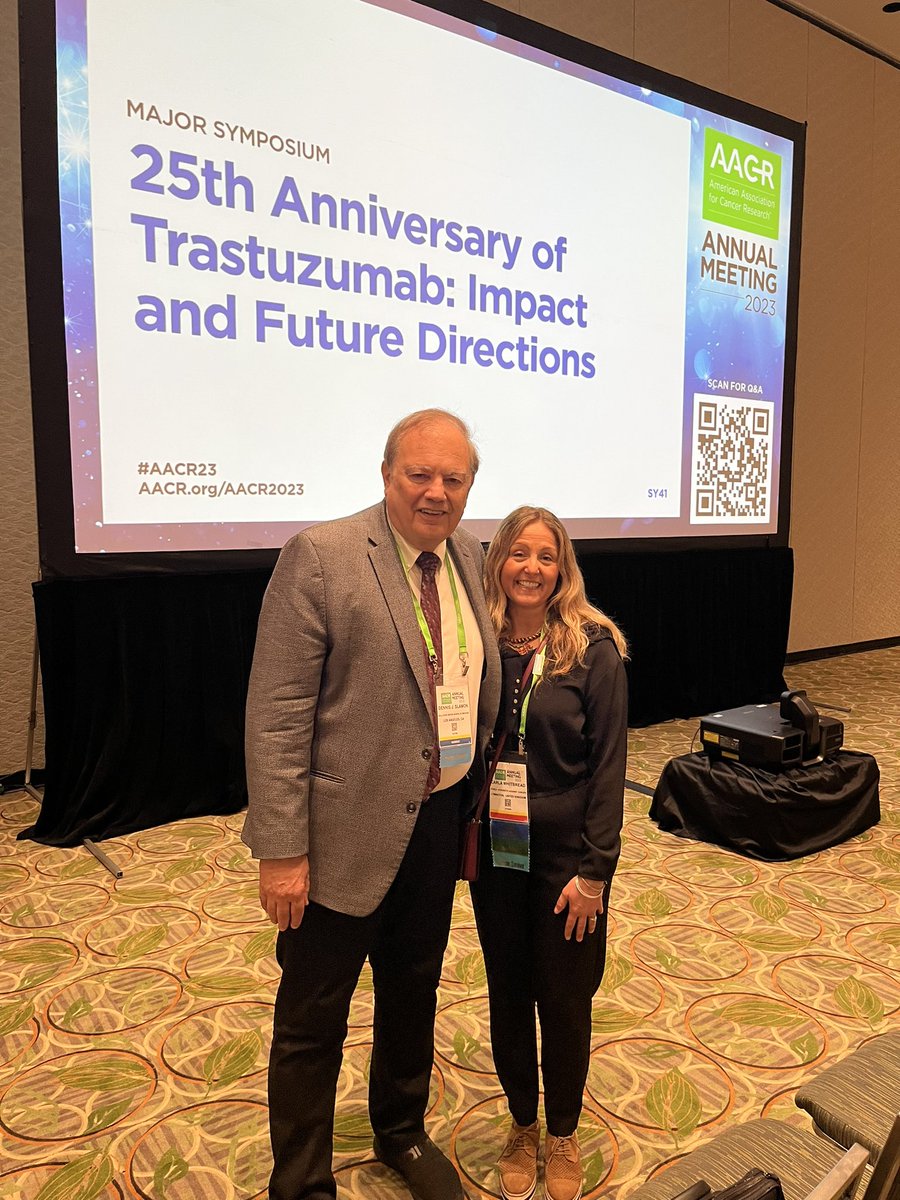 Celebrating the 25th anniversary of the drug that has kept me alive for the last 11.5 years (Herceptin) with the actual scientist/physician who developed it!!!! #dreamcometrue #AACR23 #gratefulbeyongbelief