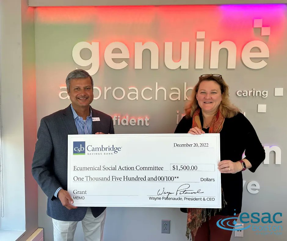 ESACBoston's tweet image. Peg Drisko receives grant check from Ashwin Acharya, VP Senior Branch Manager at Cambridge Savings Bank, supporting our work with seniors &amp;amp; youth. "We are so glad to have such a wonderful community partner," said Drisko.

Click here to support our mission: buff.ly/3MJwLhQ