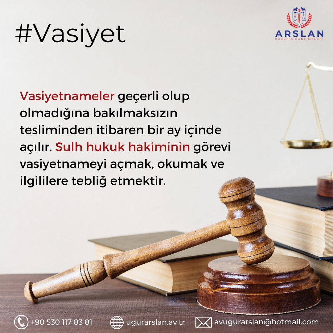 📌Detaylı bilgi ve iletişim için ;
 ☎ +90 530 117 83 81
📩avugurarslan@hotmail.com
🌐 ugurarslan.av.tr
---
#vasiyet #vasiyetname #vasiyetimdir #miras #mirascı #mirasavukatı #ankaraavukat #ankara #avukat #avukatbul #hukuk #hukukçu #yargı #avukatarıyorum #avukatuğurarslan