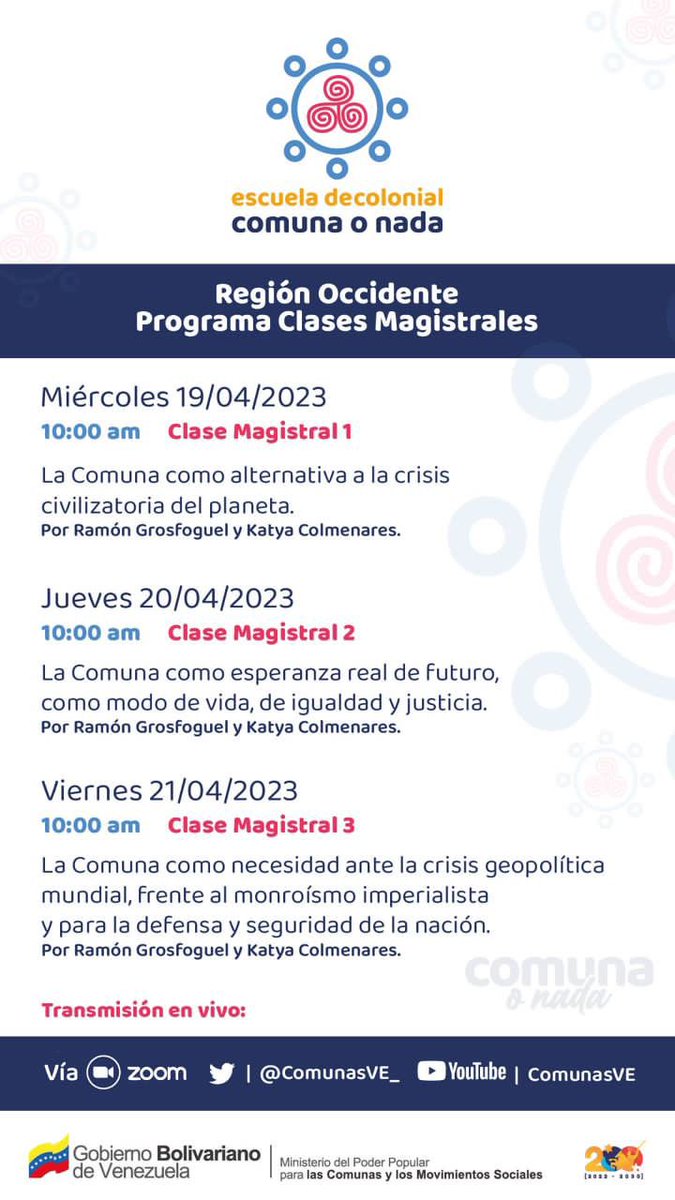 📣 ¡Participa en la Escuela Decolonial Comuna o Nada!

Vamos a reflexionar colectivamente y con base en las experiencias presentes sobre el papel de las Comunas en 🇻🇪 como alternativa al sistema destructivo y salvaje del capitalismo.

#ComunaONada