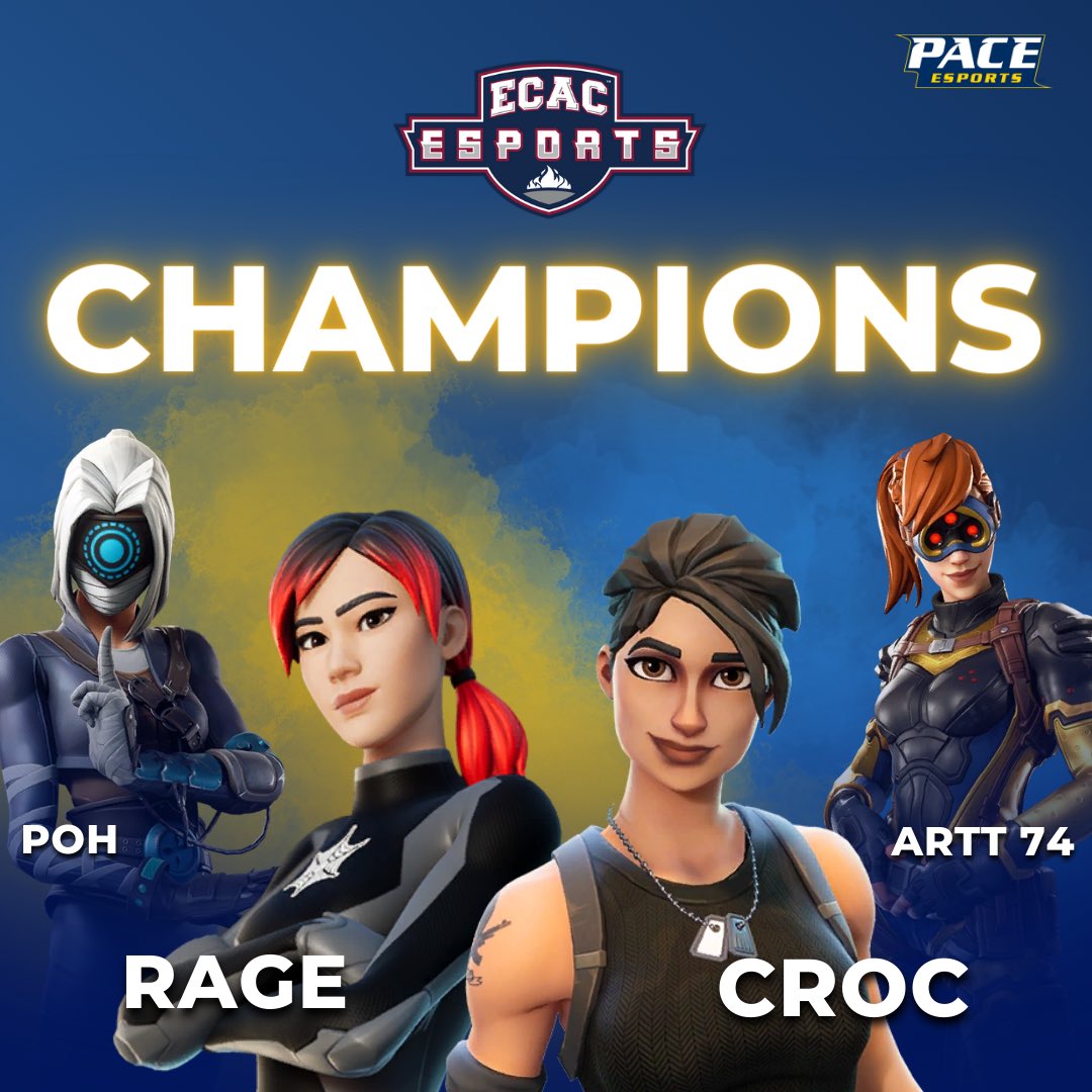 PACE FORTNITE GOLD ARE YOUR SPRING 2023 ECAC CHAMPIONS!

🥇Owen “Croc” Butryn
🥇Jonathan “Rage” Moore
🥇Arthur ”Artt 74” Nagels
🥇Gael “poh” Avendano

After a perfect regular season, Pace Fortnite took home the #1 Victory Royale Thursday night. We are so proud of them! 🏆😎💪