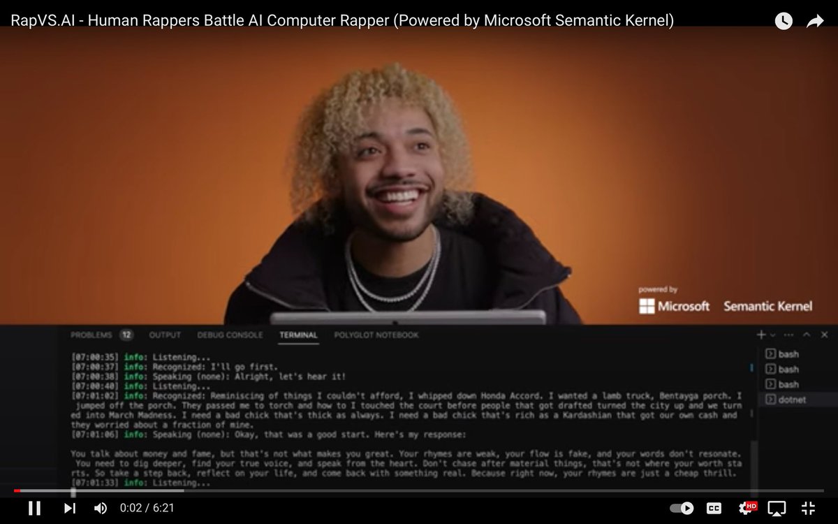 We are excited to announce @RapVSAI: Rappers vs AI Computer Rapper a cultural remix, echoing IBM Deep Blue. Created by: <a href="/RebrandCities/">Rebrand Cities</a> Powered by: <a href="/Microsoft/">Microsoft</a>'s #SemanticKernel. Ft. @traylittlemusic, <a href="/officialbfree/">B Free</a>, <a href="/themonalyse/">The Monalyse 🌃</a>  🎶💻 Watch: youtu.be/GyPgGh0Ivf4