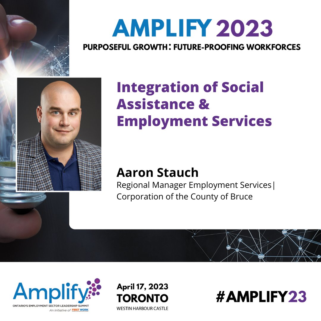first_work's tweet photo. Aaron Stauch joins #Amplify2023 from the @CountyofBruce to speak on collaboration and co-design processes between SSMs, ESPs, and Ontario Works partners. Aaron will speak on better integrating the supply and demand side of employment. #BuildingOntariosWorkforce  #OntAtWork https://t.co/QYMQrgqQ5k