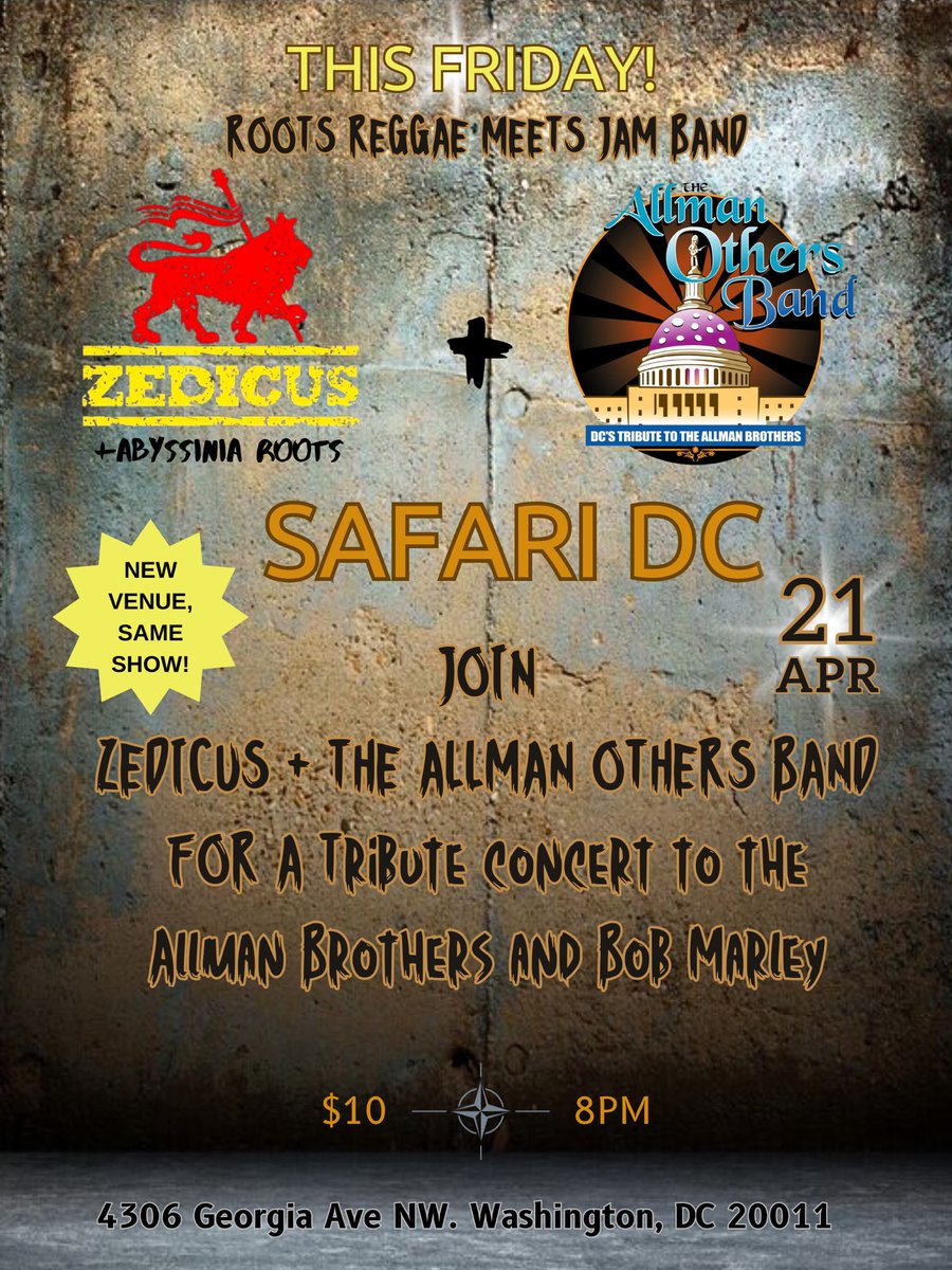 Friends, we have an exciting update to share! We've changed THIS FRIDAY's concert venue to a more intimate space that will make for an unforgettable experience! Join Zedicus and the Allman Others Band for a night of Reggae and Southern Blues Rock at Safari DC