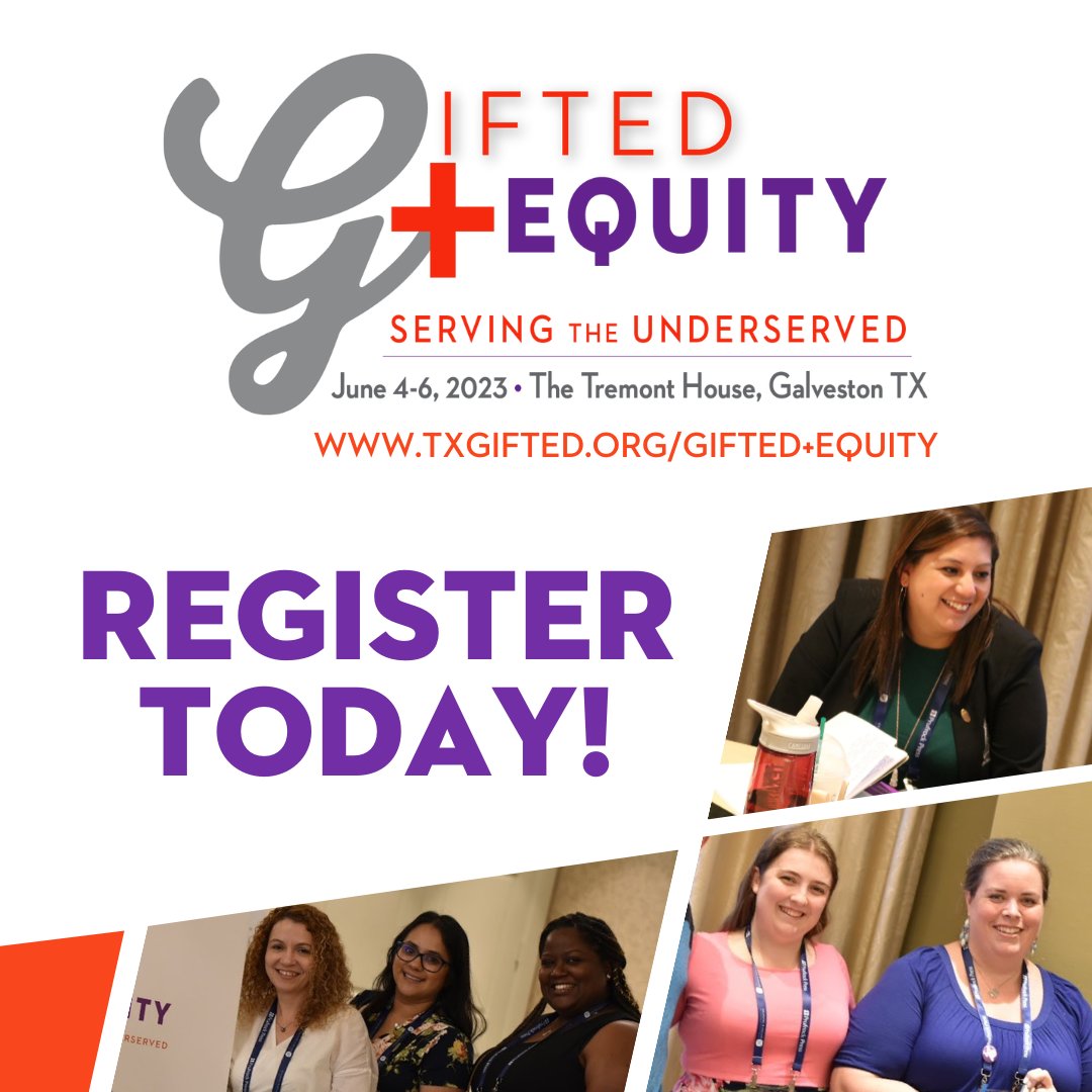 TXGifted's tweet photo. Registration is open for the upcoming TAGT Gifted + Equity Conference! This conference is geared towards the educators who work tirelessly to ensure equitable access for all gifted students. Register at https://t.co/yW4pm1LyN3 to be a part of this important event! #GiftedEquity https://t.co/hslVgQG784