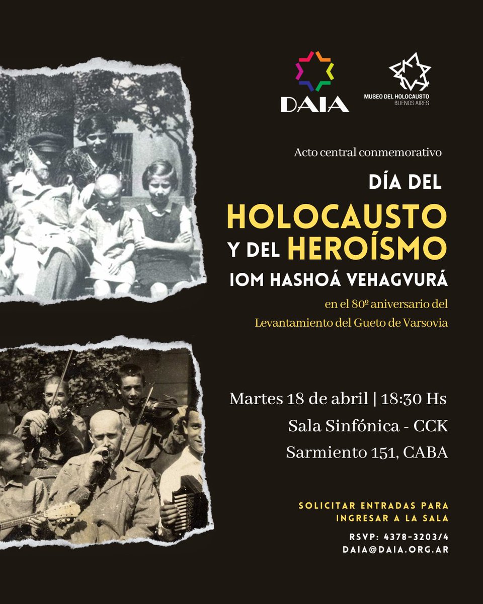 Mañana realizaremos el acto central del Día del Holocausto y del Heroísmo - Iom Hashoá Vehagvurá.

Preservar la memoria de la Shoá es nuestra responsabilidad y una herramienta fundamental para luchar contra el antisemitismo y la banalización de la barbarie nazi.
