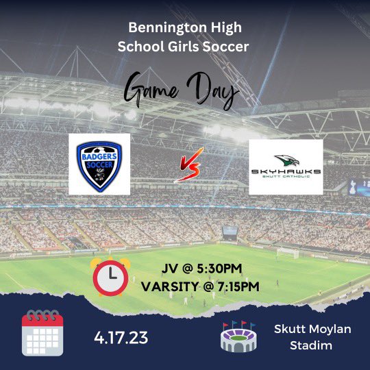 benngirlssoccer's tweet photo. ⚽️GAME DAY⚽️ 

📍Moylan Stadium 
🆚 @SkyHawkSoccer 
⏰ JV @ 5:30 PM | Varsity @ 7:15 PM
 
💙Let’s go Badgers💙 https://t.co/e48UupaDUZ