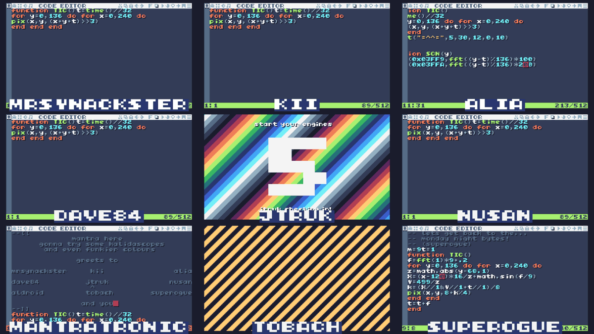 fx_field's tweet photo. Getting a little warmed up for the 9-way #ByteJam tonight. Not pictured: @SuperLynntendo joining us on the decks! See you at 8pm BST, 9pm CEST, https://t.co/LZU9YgXYJy #demoscene #livecoding #tic80 https://t.co/v1U5bIqcye