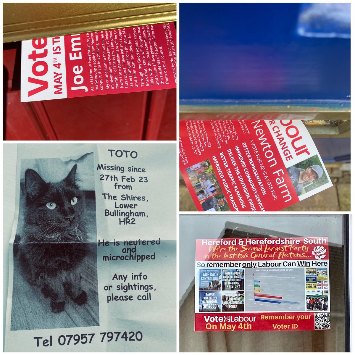 Out in Newton Farm yesterday talking & turning those blue doors red 😉 - great to see #Labour in the windows as well, though I hope the couple find their lost cat 🐈‍⬛- please help #Herefordshire #lostcats #Hereford #LabourDoorstep @labtowin @herefordlabour @rurallabouruk @WMLabour