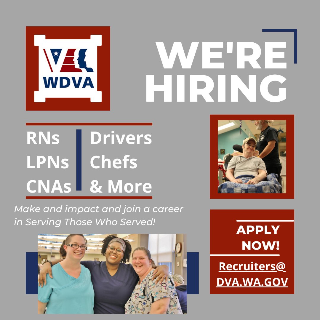 Hello, Port Orchard! We have multiple employment opportunities at the Washington Veterans Home in Port Orchard for facility staff. 

Recruiters@dva.wa.gov or governmentjobs.com/careers/washin…

Incentives up to $4,500! Relocation costs up to $8,000 and/or transportation costs up to $2,000!
