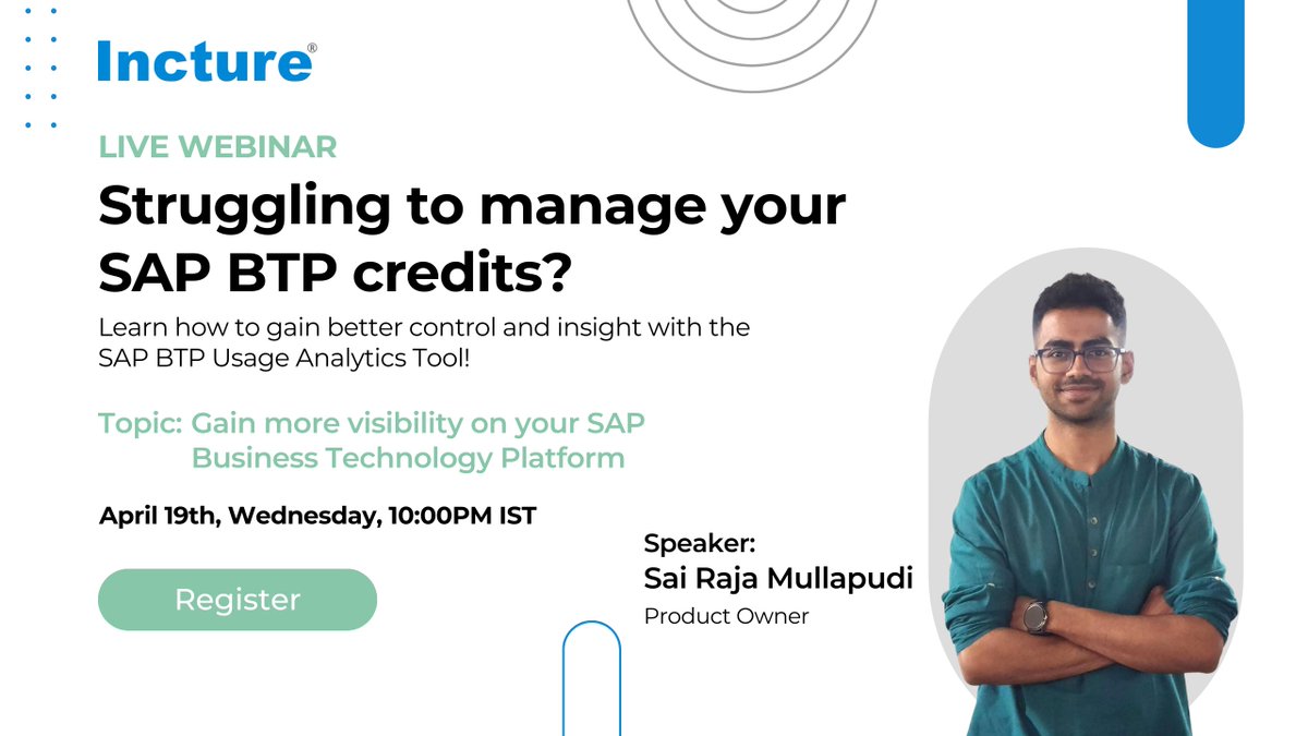 incture's tweet image. We're excited to invite you to our upcoming webinar, "Gain more visibility on your SAP BTP consumption," where we'll be showcasing the #SAPBTP Usage Analytics Tool.
Join us to learn the key features and benefits, including a demo of the tool.
#SAPBTPUsageAnalytics #SAPBTPCockpit