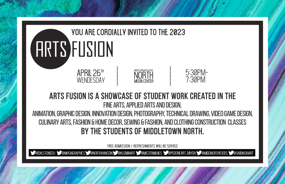Skibinskiart's tweet photo. SAVE THE DATE: The Arts Fusion Student Art Show is coming to High School North next week!  The Evening Reception is on Wednesday, April 26th, from 5:30-7:30 PM. @MTPSpride #wearemiddnorth @MTPSArts @MTPSArtsAcademy @Mr_KCullen https://t.co/oEJW9xF3CD