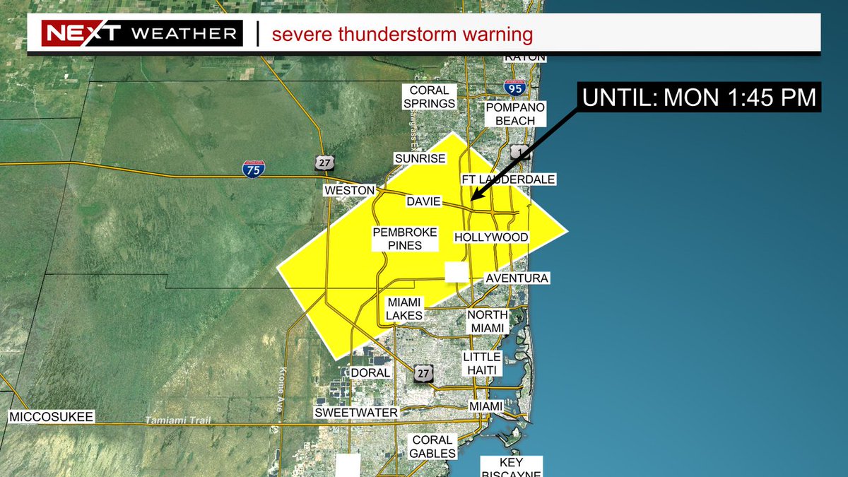 CBSMiami's tweet photo. NEXT WEATHER ALERT. SEVERE THUNDERSTORM WARNING in effect. Move indoors and stay away from windows until the storm has passed if you are in the warning area. https://t.co/Uo2h3wJxxf