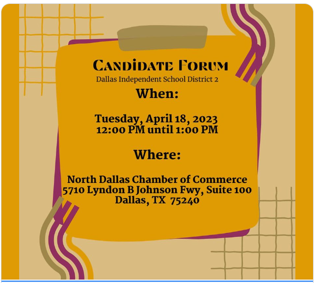 DallasEdFound's tweet photo. Join @DallasEdFound executive director and #DallasISD parent, @mphav, as she moderates the @dallasschools District 2 Candidate Forum at the @NDCC on 4/18 at 12noon. Free to attend, registration required: https://t.co/b4qtCFagc4 https://t.co/ZqvaDd9GHi