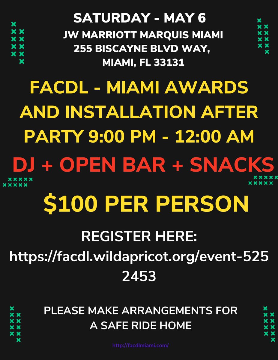 Unable to join us for the dinner and ceremony at our May 6 gala? Well, the celebration continues! Join us for our after-party at 9 PM, or consider sponsoring an APD to join. Buy your tickets here: facdl.wildapricot.org/event-5252453